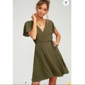 Lulu's Small olive green wrap dress flutter tulip sleeves short sleeve v-neck